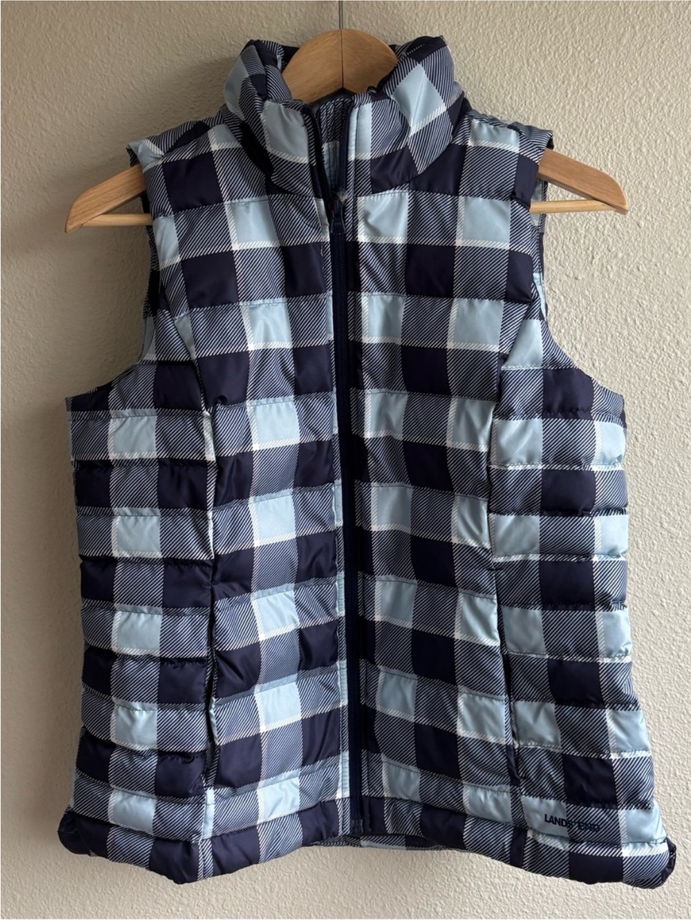Lands' End Navy and Light Blue Check Puffer Vest